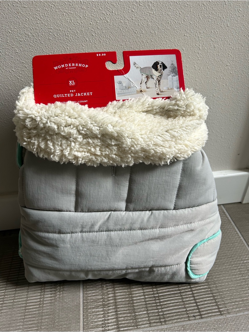 Wondershop Gray Quilted Pet Jacket with Cream Sherpa Trim and Teal Accents